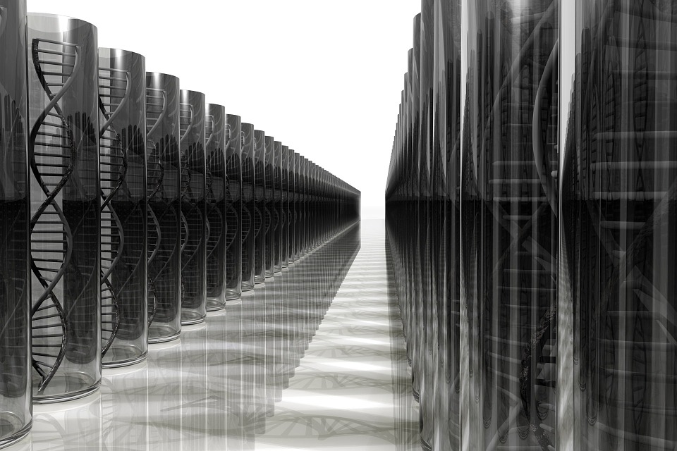 imaginative 3D rendering of glass containers with DNA molecules