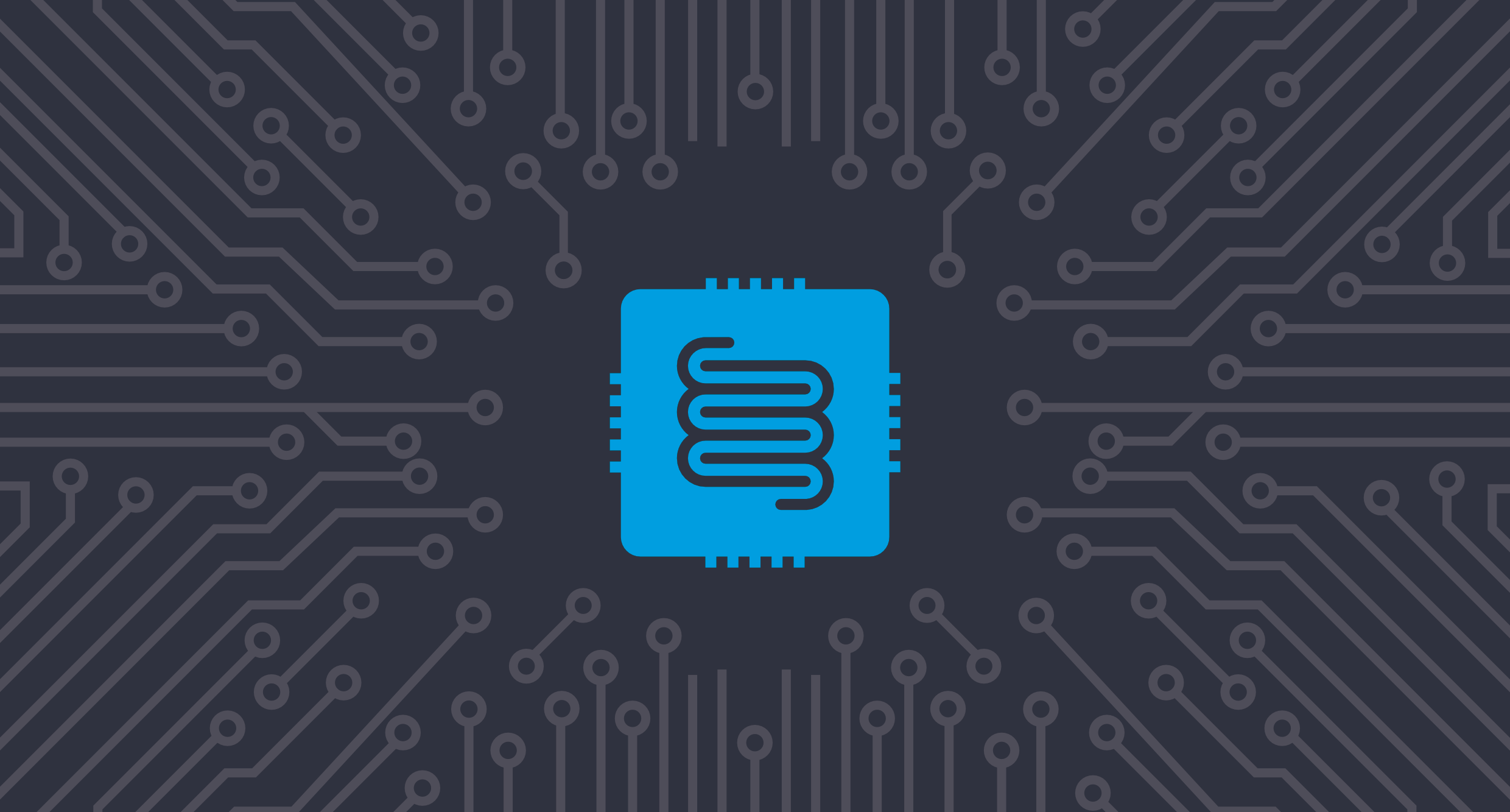 Graphic illustration of a computer chip and intestinal tract.