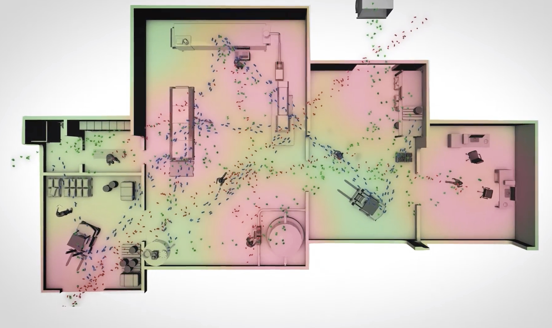 3D plan of a building with hotspots which are contaminated with microorganisms.