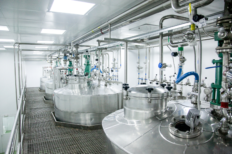 The picture shows stainless steel tanks which are used for pharmaceutical production