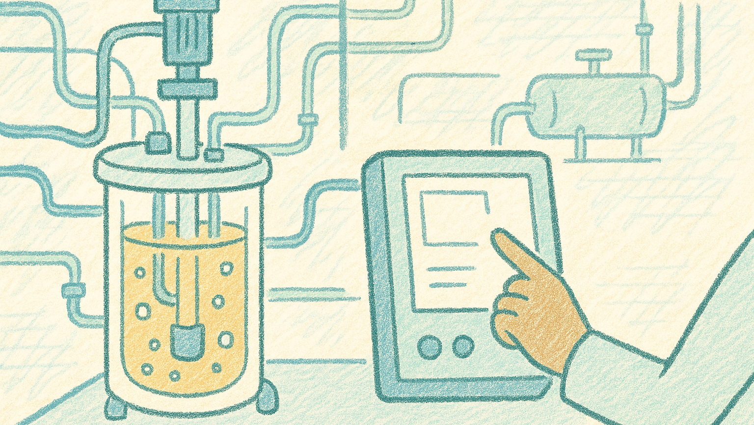 Eine digitale Illustration im charmanten Buntstiftstil zeigt eine vereinfachte Laborumgebung. Im Vordergrund steht ein stilisierter Bioreaktor mit goldgelber Flüssigkeit und Blasen. Eine gezeichnete Hand in einem Laborkittel tippt auf ein Kontrollpanel, umgeben von geschwungenen Rohrleitungen. Die Farbpalette ist pastellig mit blauen, grünen und gelben Tönen und vermittelt einen technischen, aber verspielten Eindruck.