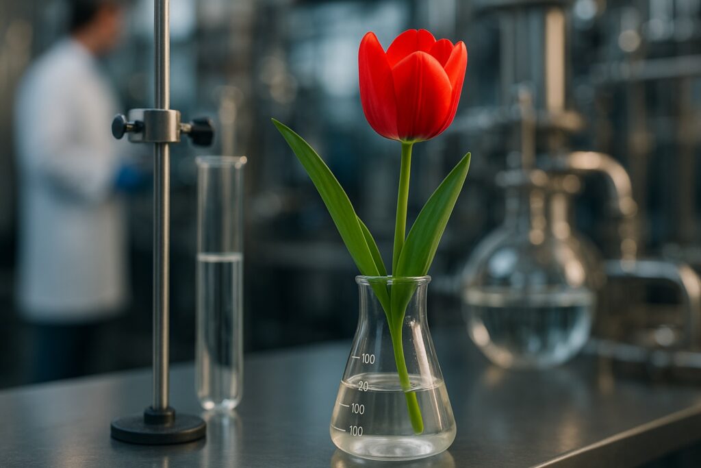 Eine fotorealistische Aufnahme eines einzelnen roten Tulpenblüte in einem gläsernen Erlenmeyerkolben mit farbloser Flüssigkeit, arrangiert auf einer metallischen Laborarbeitsfläche. Im unscharfen Hintergrund sind Laborgeräte und eine Person im weißen Kittel zu erkennen, wodurch eine moderne Laborumgebung angedeutet wird.
